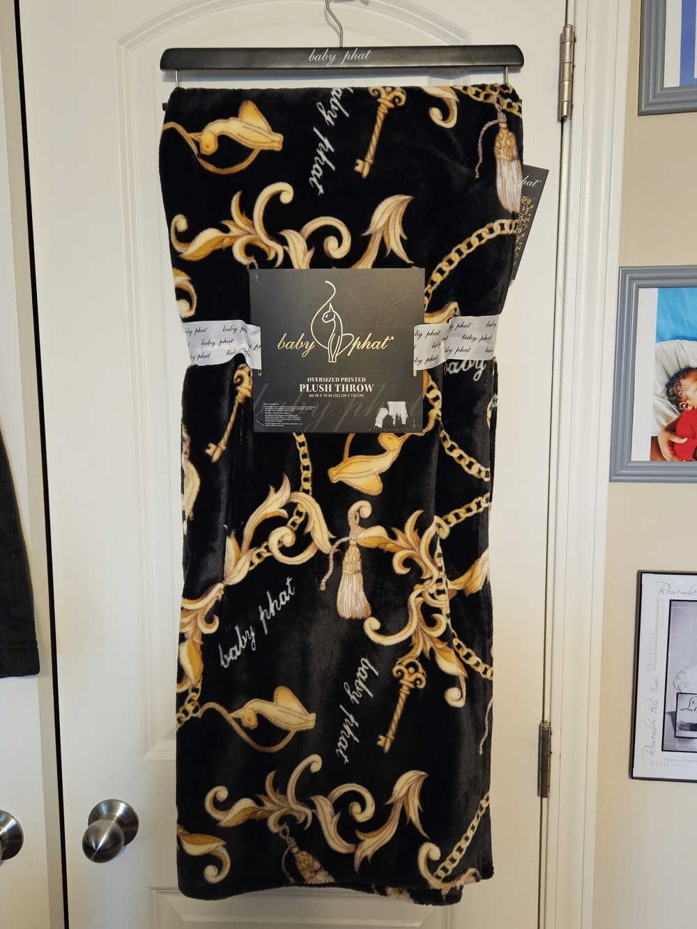 Baby Phat Black and Gold Baroque Plush Throw Blanket
